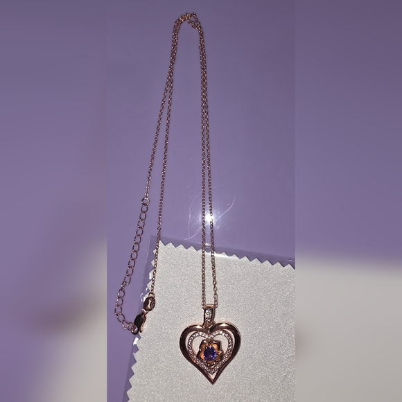 Silver Rose Gold Heart Necklace with Blue/Purple Center Stone - Picture 2 of 10
